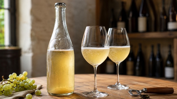 Botella de pet-nat con cierre de chapa junto a dos copas de vino espumoso ligeramente turbio sobre una mesa de madera.