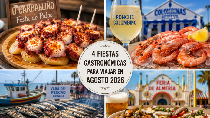 Collage de cuatro fiestas gastronómicas de España con pulpo á feira, gambas de Huelva, sardinas asadas en Arinaga y tapas de la Feria de Almería.