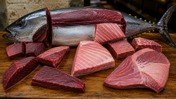 Diferentes cortes de atún rojo dispuestos sobre una mesa de trabajo durante un ronqueo tradicional, mostrando la diversidad gastronómica de este producto del Mediterráneo.