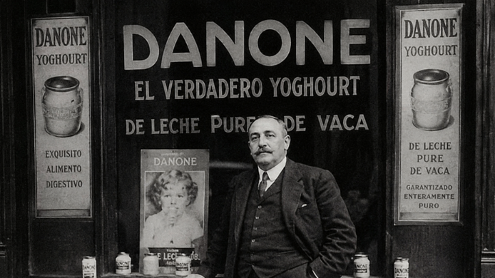 Isaac Carasso, fundador de Danone, posa frente a un establecimiento histórico de la marca en una imagen de los años veinte. La fotografía muestra los primeros anuncios del yogur Danone, que entonces se comercializaba por sus beneficios digestivos.