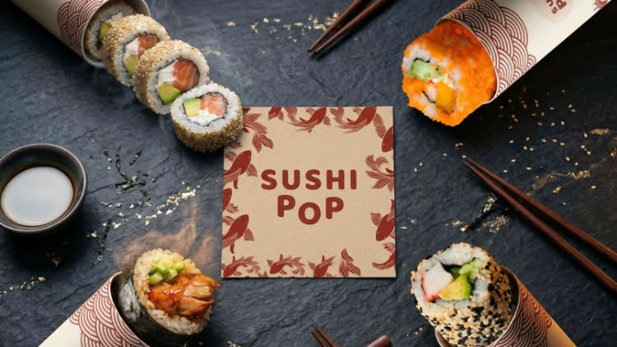 Varias versiones de Sushi Pop presentadas en envases cilíndricos de cartón sobre una mesa, mostrando una innovadora forma de consumir sushi sin palillos que se ha popularizado gracias a las redes sociales.