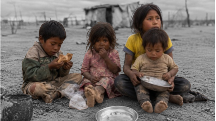 Niños en una zona afectada por pobreza extrema y crisis alimentaria, imagen que ilustra el impacto humano del hambre global y la inseguridad alimentaria en el siglo XXI.