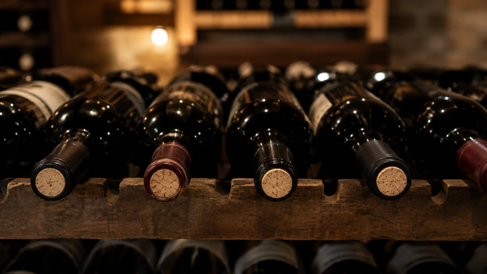 Botellas de vino almacenadas en posición horizontal en una bodega, protegidas de la luz y preparadas para una correcta conservación.