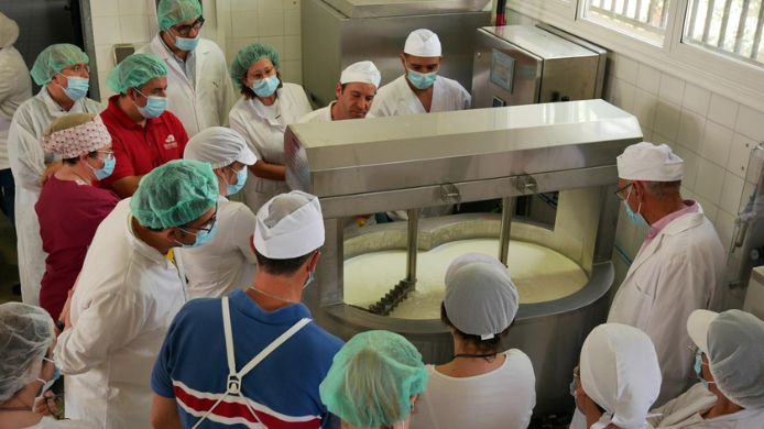 Alumnos y profesionales del sector lácteo participan en una sesión práctica de elaboración de queso en la Planta Piloto de Lácteos de Andalucía, observando el proceso de transformación de la leche durante el curso Maestro Quesero 4.0.
