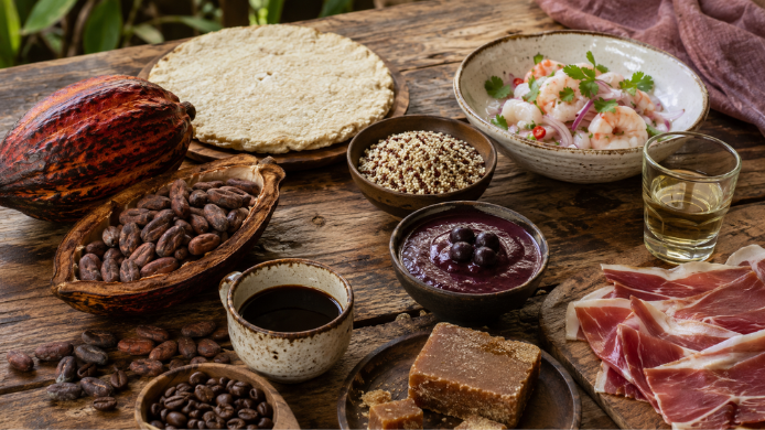 productos de Iberoamérica con cacao, casabe, café, ceviche, quinoa, panela y jamón ibérico
