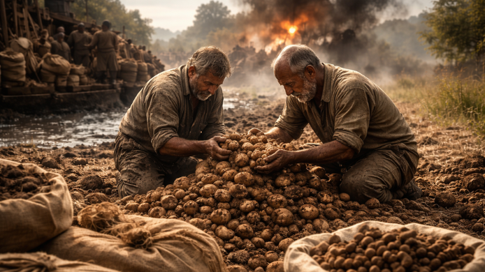 alimentos, 2 hombres agachados con sacos de patatas 