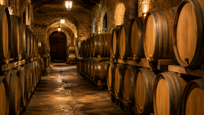 Interior de una bodega tradicional con largas filas de barricas de roble alineadas en una nave de piedra iluminada por luz cálida, símbolo de la crianza y conservación del vino.