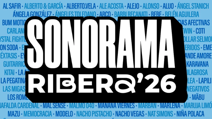 Cartel oficial de Sonorama Ribera 2026 con el logotipo del festival y los nombres de los artistas participantes sobre fondo azul.
