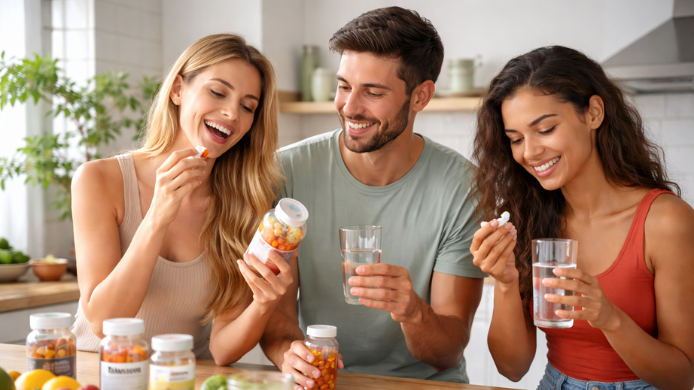 3 personas  Generación Z con botes de suplementos alimenticios