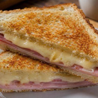 Bikini o sándwich mixto de jamón y queso recién tostado, servido sobre un plato blanco, con pan dorado y queso fundido en su interior.