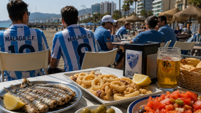 Aficionados del Málaga CF disfrutan de una comida junto al mar en un chiringuito de la Costa del Sol, con espetos de sardinas, fritura malagueña, ensalada de tomate y cerveza en la previa de un importante partido de fútbol.