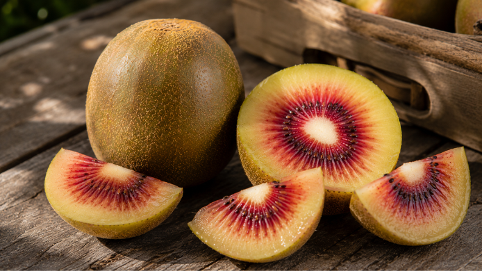 Kiwi rojo cortado mostrando su pulpa de tonos rojizos y dorados sobre una superficie de madera en fotografía editorial