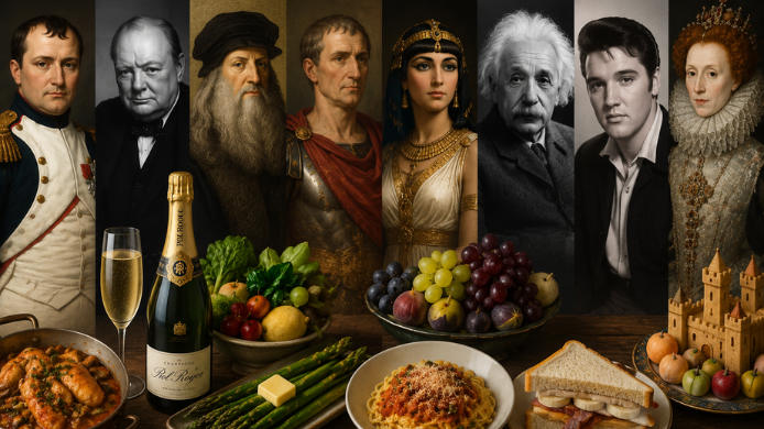 Composición con Napoleón Bonaparte, Winston Churchill, Leonardo da Vinci, Julio César, Cleopatra, Albert Einstein, Elvis Presley e Isabel I junto a los platos y alimentos asociados a sus preferencias gastronómicas.