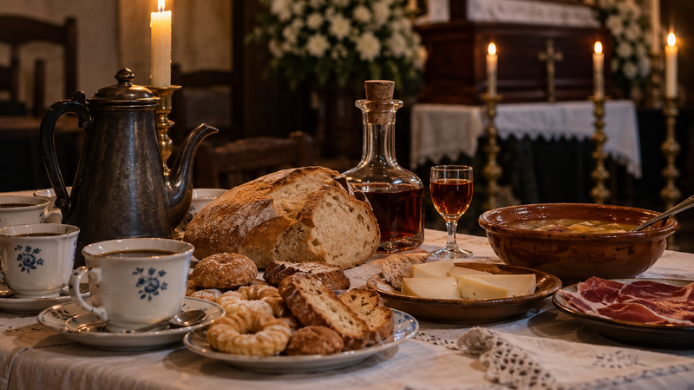 Mesa de velatorio tradicional con café, pan, dulces, aguardiente, queso, embutido y sopa, iluminada por velas en un ambiente de duelo.