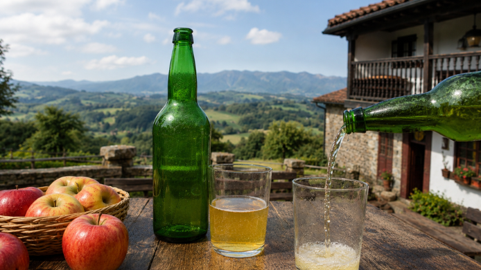 Sidra asturiana servida en vasos junto a manzanas y botellas tradicionales frente a un paisaje rural de Asturias, una imagen que refleja la esencia del sidraturismo y la cultura sidrera del Principado.
