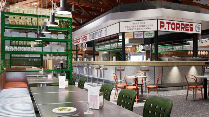 Interior de Parada Torres, el nuevo bar de mercado de los hermanos Javier y Sergio Torres en el Mercado de Santa Caterina de Barcelona, con barra central y zona de comedor.