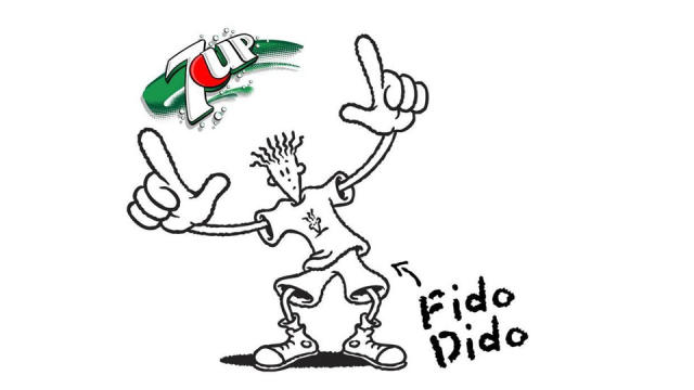 Ilustración de Fido Dido, el icónico personaje publicitario de 7Up en los años 90, junto al logotipo clásico de la marca.