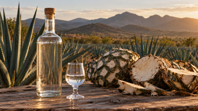 Botella y copa de mezcal junto a piñas de agave en un paisaje de cultivo, evocando la incorporación de cuatro municipios de Sinaloa a la Denominación de Origen Mezcal.