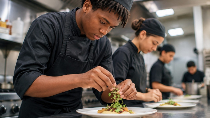 Jóvenes realizan una práctica de cocina profesional durante una formación en hostelería.
