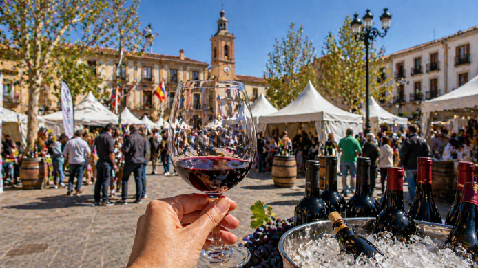 Feria del vino de Arganda del Rey, copa de vino en primer plano, bodegas, público y carpas en la Plaza de la Constitución