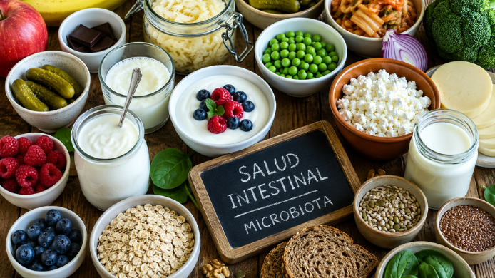 Mesa con alimentos beneficiosos para la microbiota intestinal, como yogur, kéfir, avena, frutas, verduras, semillas y otros fermentados, asociados a una alimentación equilibrada y un envejecimiento saludable.
