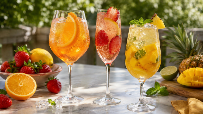 Tres copas de cócteles con vino espumoso y frutas frescas, con naranja, fresas, piña, mango y menta sobre una mesa de verano.