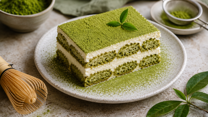 Tiramisú de té matcha en capas con crema de mascarpone, bizcochos verdes y polvo de matcha