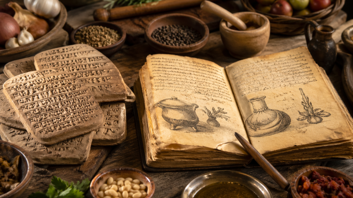 Recetario antiguo junto a tablillas de arcilla con recetas de Babilonia considerado el origen del primer libro de cocina de la historia