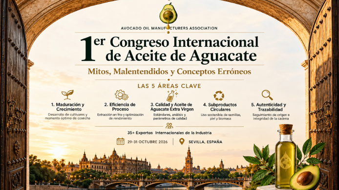 Cartel del I Congreso Internacional de Aceite de Aguacate, que se celebrará del 29 al 31 de octubre de 2026 en Sevilla con expertos internacionales del sector.