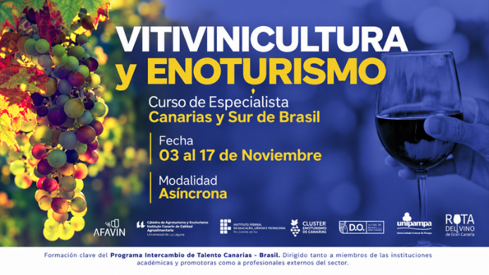 Cartel del curso de Vitivinicultura y Enoturismo Canarias y Sur de Brasil, con uvas, una copa de vino y las fechas del programa.