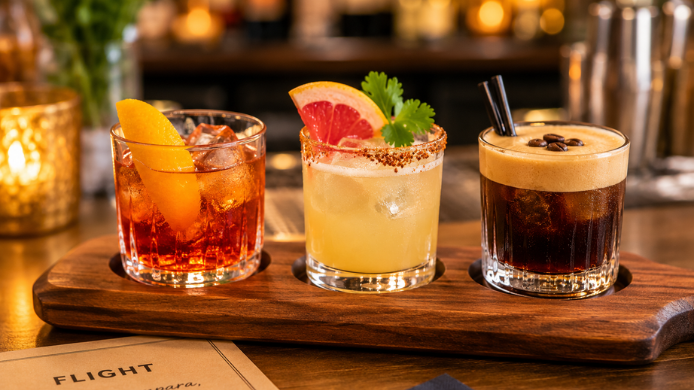 Tres mini cócteles servidos sobre una tabla de madera en la barra de un bar, una propuesta de degustación que refleja la tendencia de los cócteles en formato reducido para probar varios sabores en una sola experiencia.