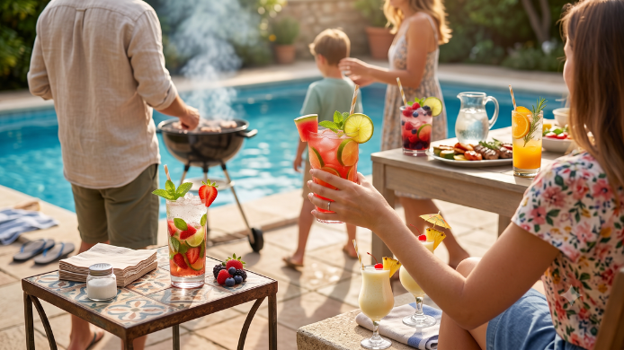 Variedad de mocktails caseros y cócteles sin alcohol expuestos en una fiesta de verano junto a la piscina
