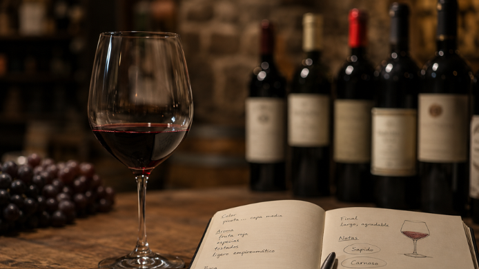 Copa de vino tinto durante una cata con cuaderno de notas enológicas y botellas desenfocadas al fondo, evocando el lenguaje técnico del vino.