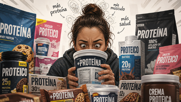 ilustración de persona obsesionada con productos que destacan proteína en supermercado rodeada de alimentos ultraprocesados