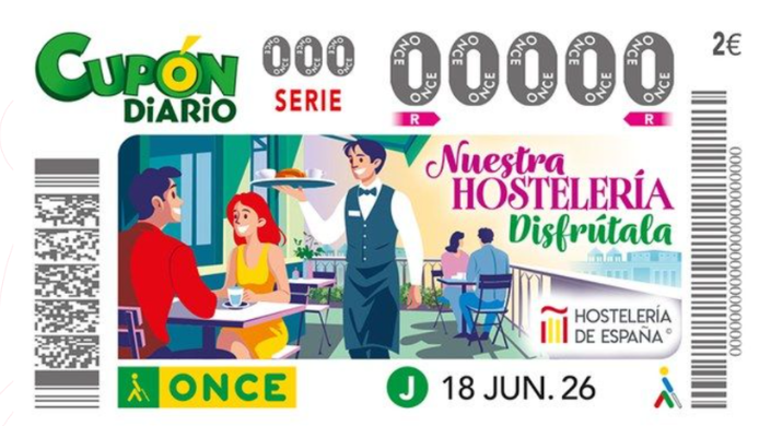 Cupón Diario de la ONCE dedicado a la hostelería española, con una ilustración de una terraza de restaurante y el lema “Nuestra hostelería. Disfrútala”, presentado para promover la inclusión y la accesibilidad en bares y restaurantes.  Título