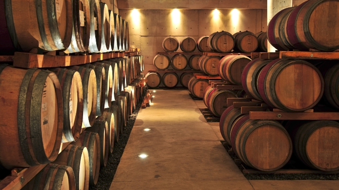 Filas de barricas de roble almacenadas en una bodega de crianza, donde el vino envejece lentamente desarrollando aromas, complejidad y estructura gracias al contacto con la madera.