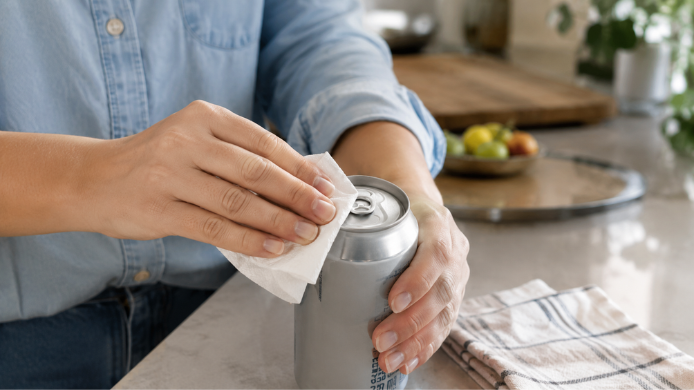 Mano limpiando la parte superior de una lata antes de consumirla como gesto de higiene alimentaria y prevención