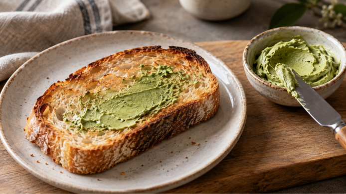 Tostada de pan con mantequilla de matcha y un cuenco de mantequilla verde con cuchillo sobre una mesa de madera