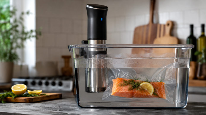 Salmón envasado al vacío cocinándose en un baño de agua con circulador sous vide, acompañado de limón y eneldo