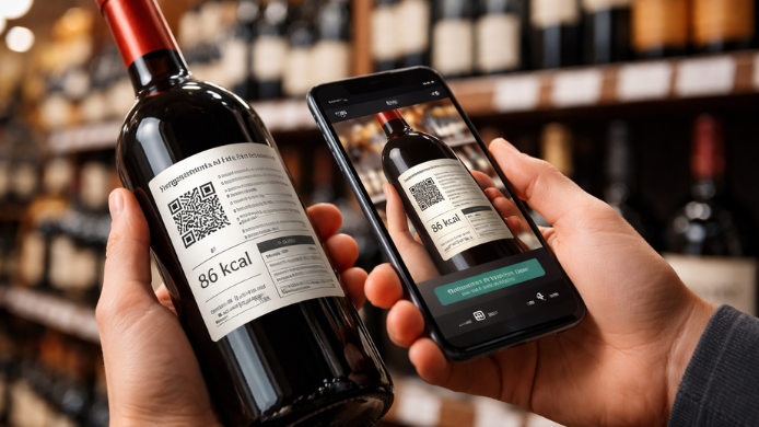 botella de vino etiquetada y movil