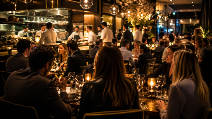 Restaurante lleno en hora punta con clientes cenando y camareros trabajando en un ambiente cálido y elegante