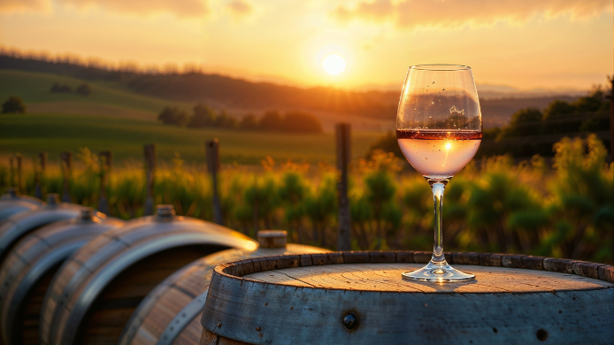 Copa de vino sobre una barrica al atardecer con los viñedos iluminados por la luz dorada del verano, una imagen que representa el enoturismo y las experiencias entre bodegas.