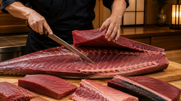 El "gomai oroshi" es un espectáculo culinario del despiece del atún