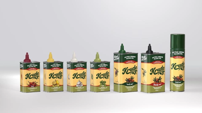 Colección de aceites de oliva virgen extra Krude, la nueva marca premium impulsada por Gordon Ramsay, con diferentes variedades infusionadas y formatos para cocinar y aliñar.