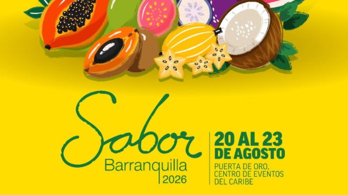 Cartel de Sabor Barranquilla 2026 con frutas tropicales y fechas del 20 al 23 de agosto en Puerta de Oro.