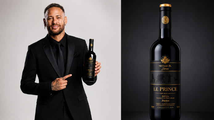 Neymar sosteniendo una botella de vino Le Prince junto a una imagen de la botella sobre fondo oscuro