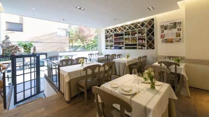 Interior de restaurante tradicional en Madrid con mesas preparadas y ambiente tranquilo, cocina tradicional, restuarantes tradicionales