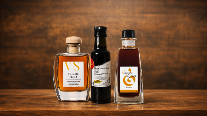 Tres botellas de vinagre gourmet, entre ellas un Vinagre de Jerez, colocadas sobre una mesa de madera con fondo cálido desenfocado.