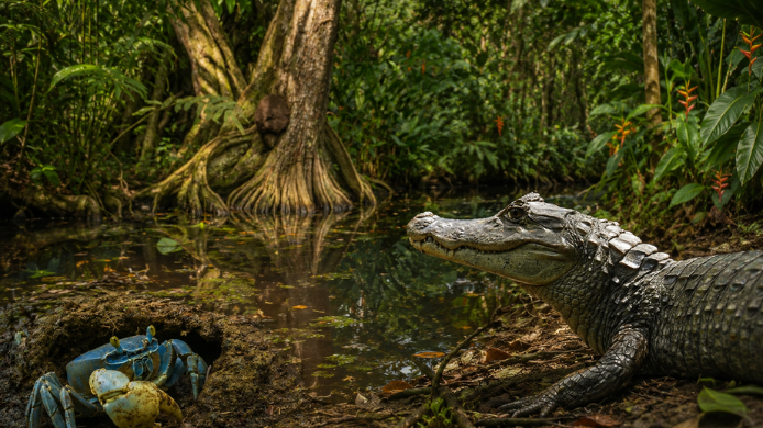 Reptil y cangrejo azul en un humedal tropical, símbolo de la biodiversidad y conservación ambiental vinculada a Simona del Mar en el Golfo de Urabá.