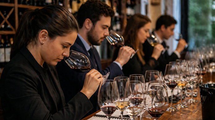 formación en vino en Iberoamérica, Grupo de alumnos catando vino en una cata profesional con copas y cuaderno de notas en una formación